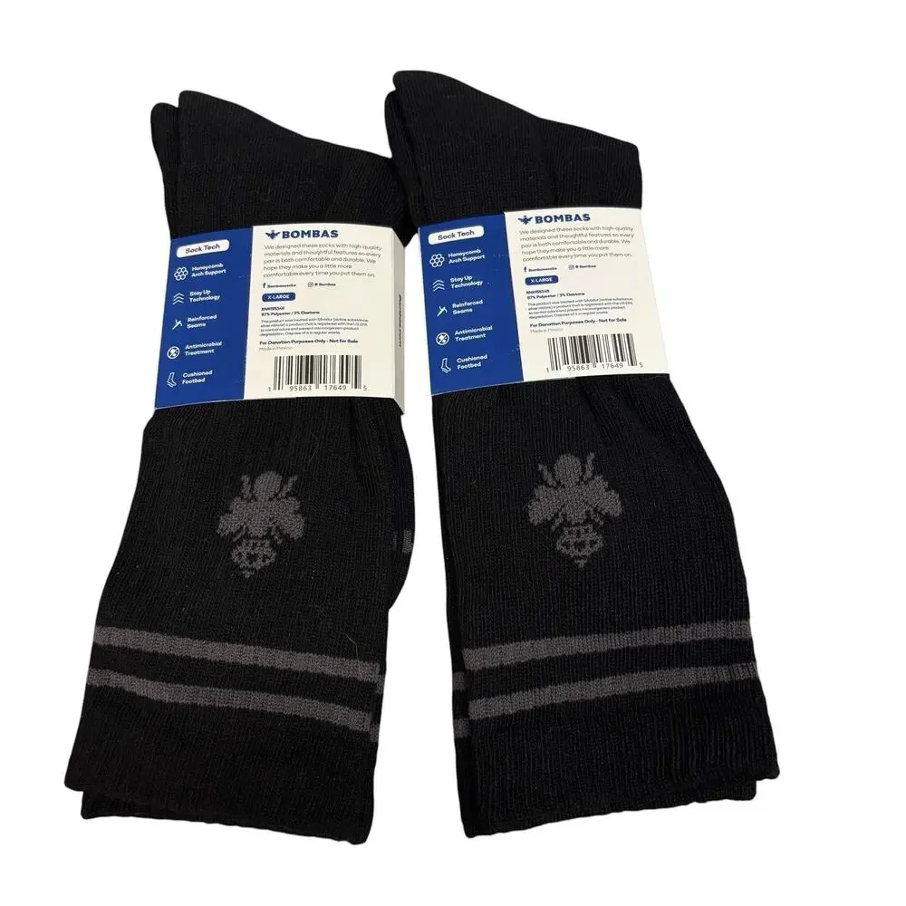 Bombas Socks 2-Pair Mens XL Black Crew Athletic Honeycomb Arch Odor Control